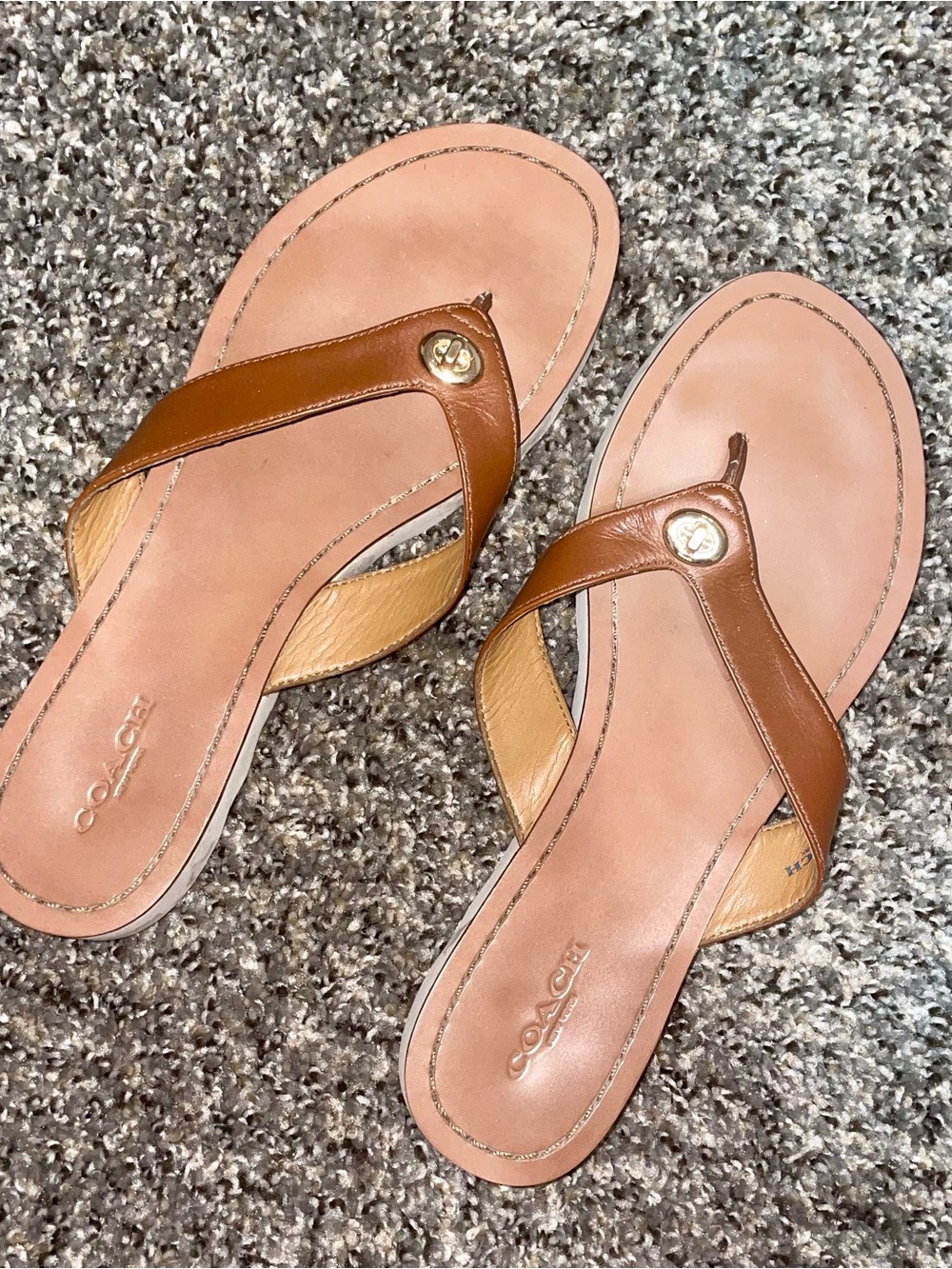 Coach Tan Leather Thong Sandals with Logo Accent Size 7.5